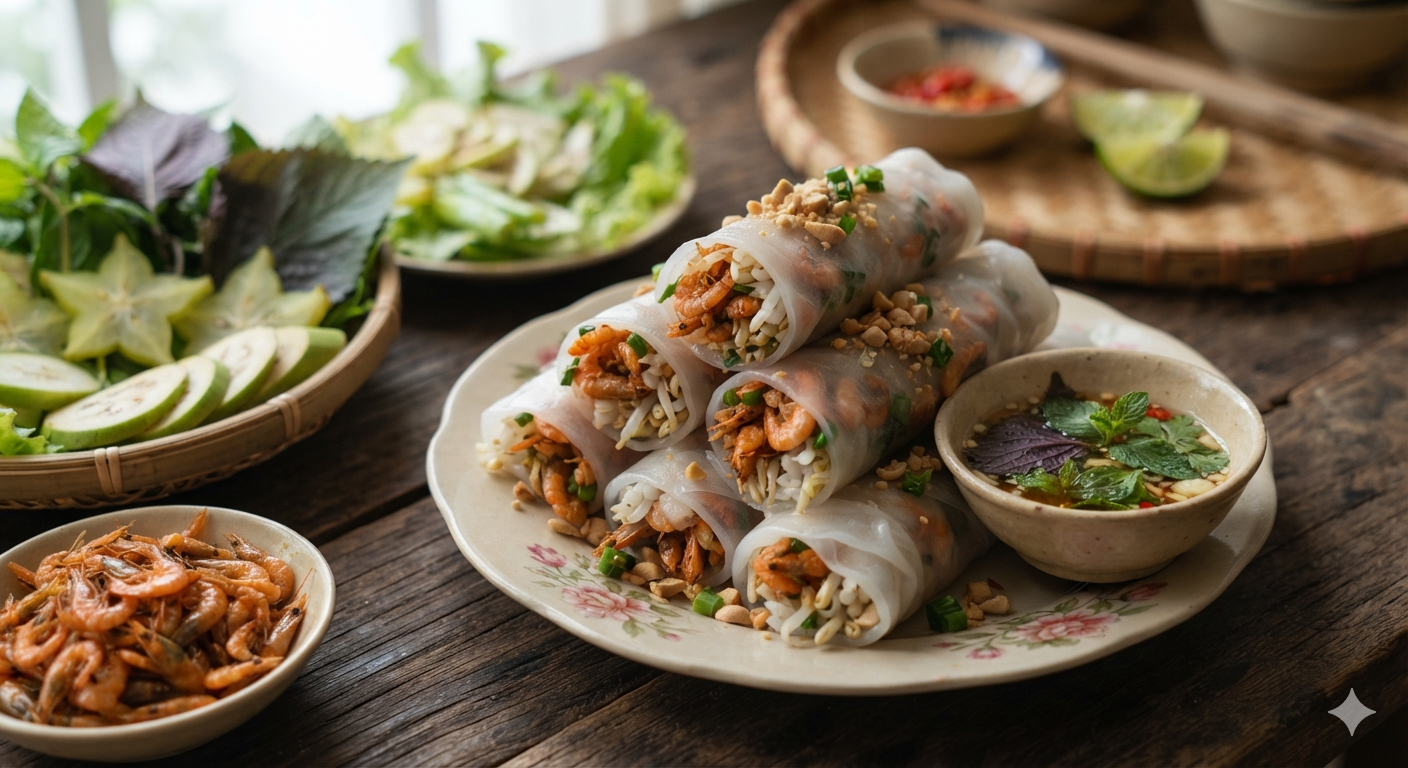 tép um cuốn bánh tráng